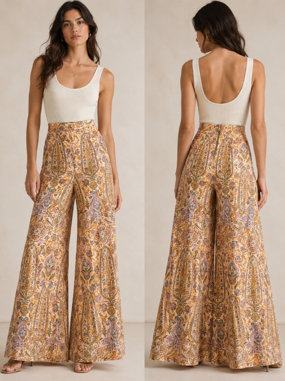 Rare Ollari LEENA Tapestry Pants High Rise Wide Leg Fully Lined Boho Chic M